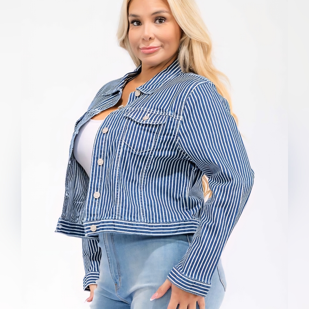 S115 NWT Sky Plus Denim Stripes Jacket Button Closure Front Pockets 1X 2X 3X